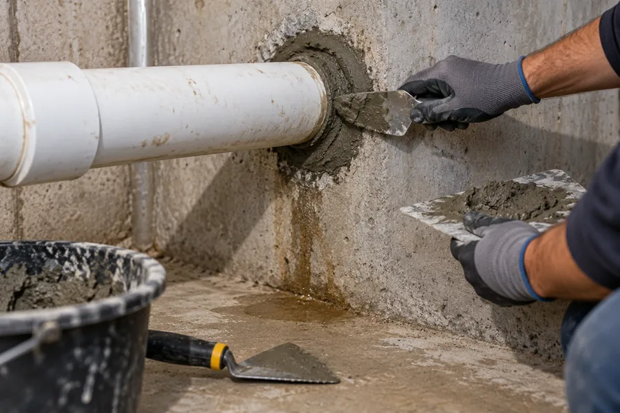 Gloved hands seal a pipe opening through a concrete basement wall.