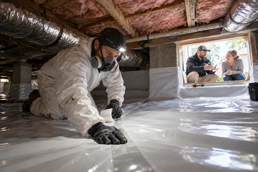 A worker fits a white vapor barrier across a crawl space floor.