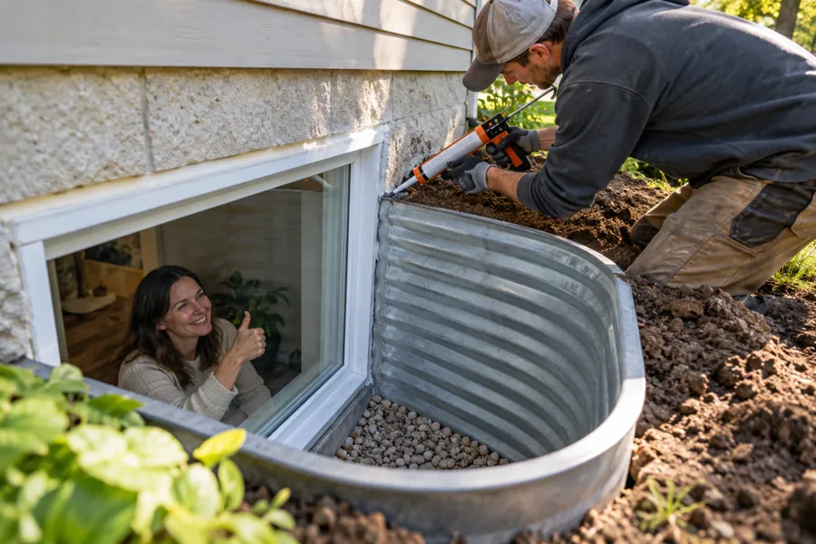 A worker examines an egress window well from outside the house.