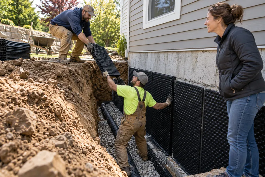 Workers fit a dark membrane against an excavated foundation wall.