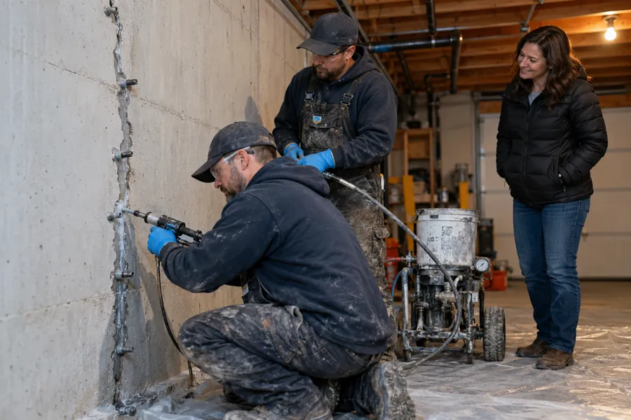 A technician works along a vertical crack in a basement wall.