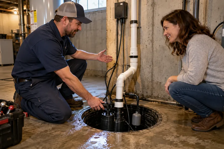 A technician shows a homeowner the pump and pipework inside a sump basin.
