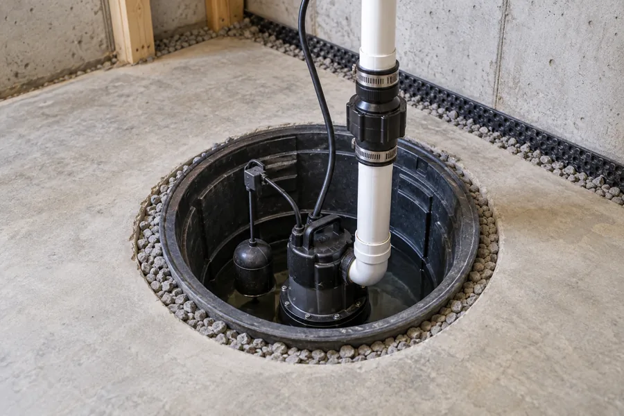 A sump pump and float switch inside a basin with a white discharge pipe.