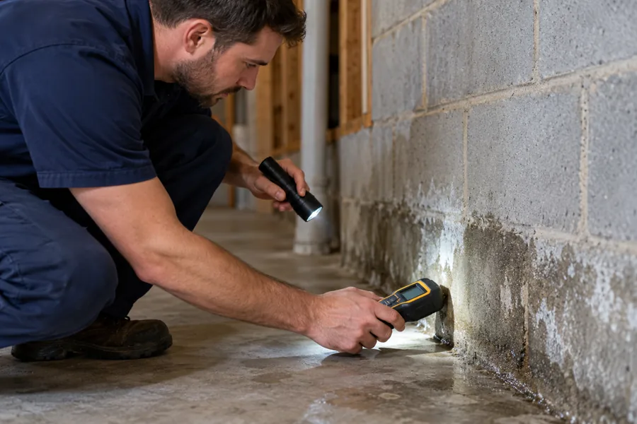 A technician checks moisture at the junction of a basement wall and floor.