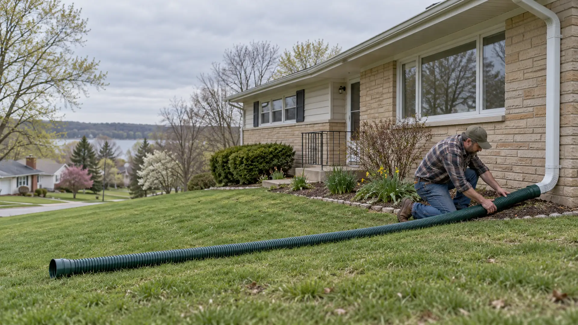 A worker adjusts a long downspout extension across the lawn beside a sloping rambler lot.