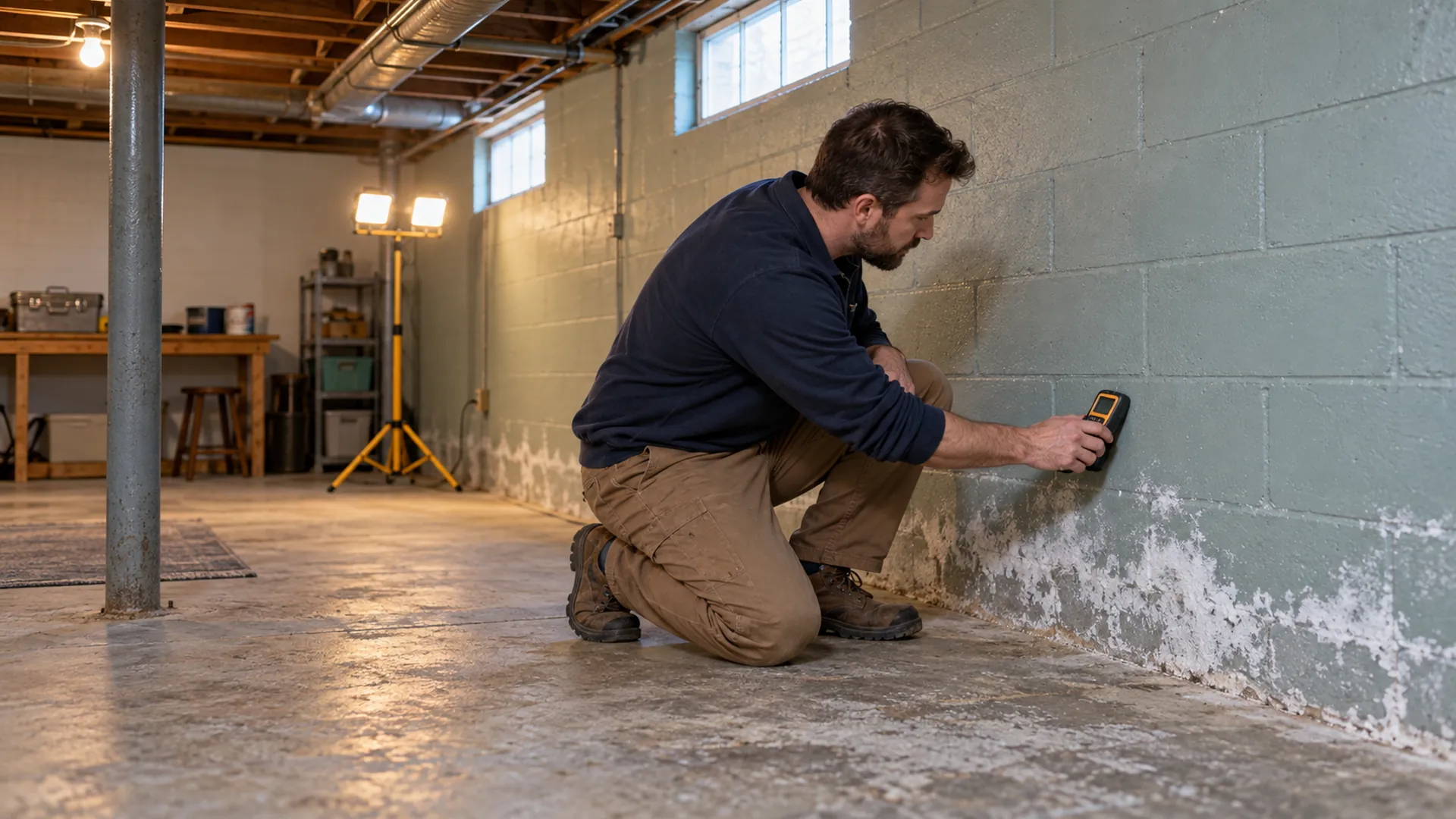 A technician measures moisture on a painted basement block wall with white mineral deposits.