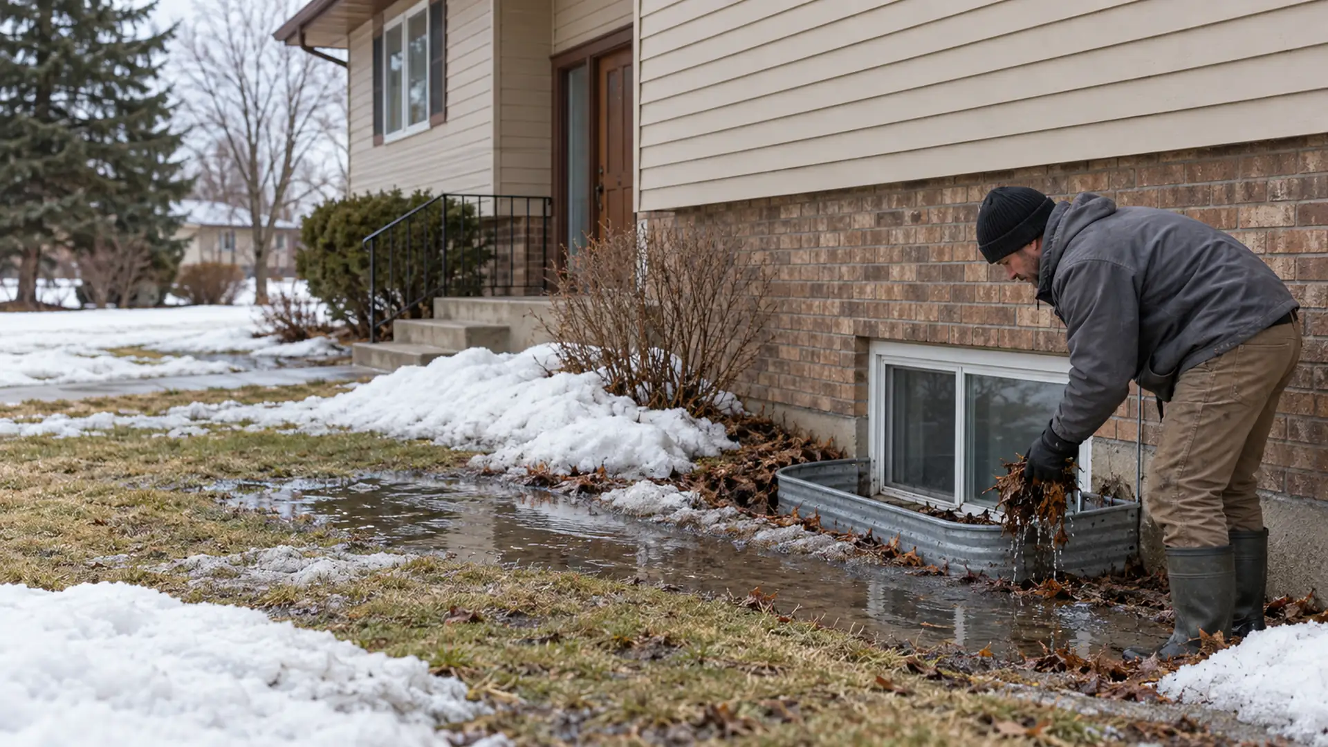 A technician clears a basement window well beside a split-entry home during snowmelt.