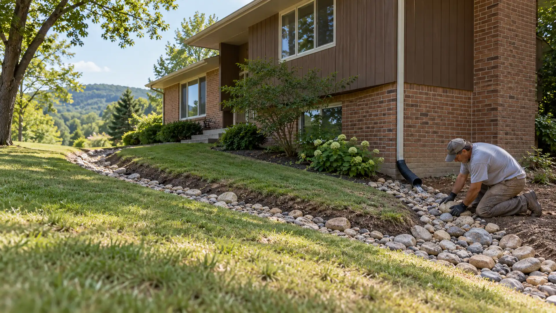 A worker finishes a rock-lined drainage swale beside a split-level home on a hilly lot.