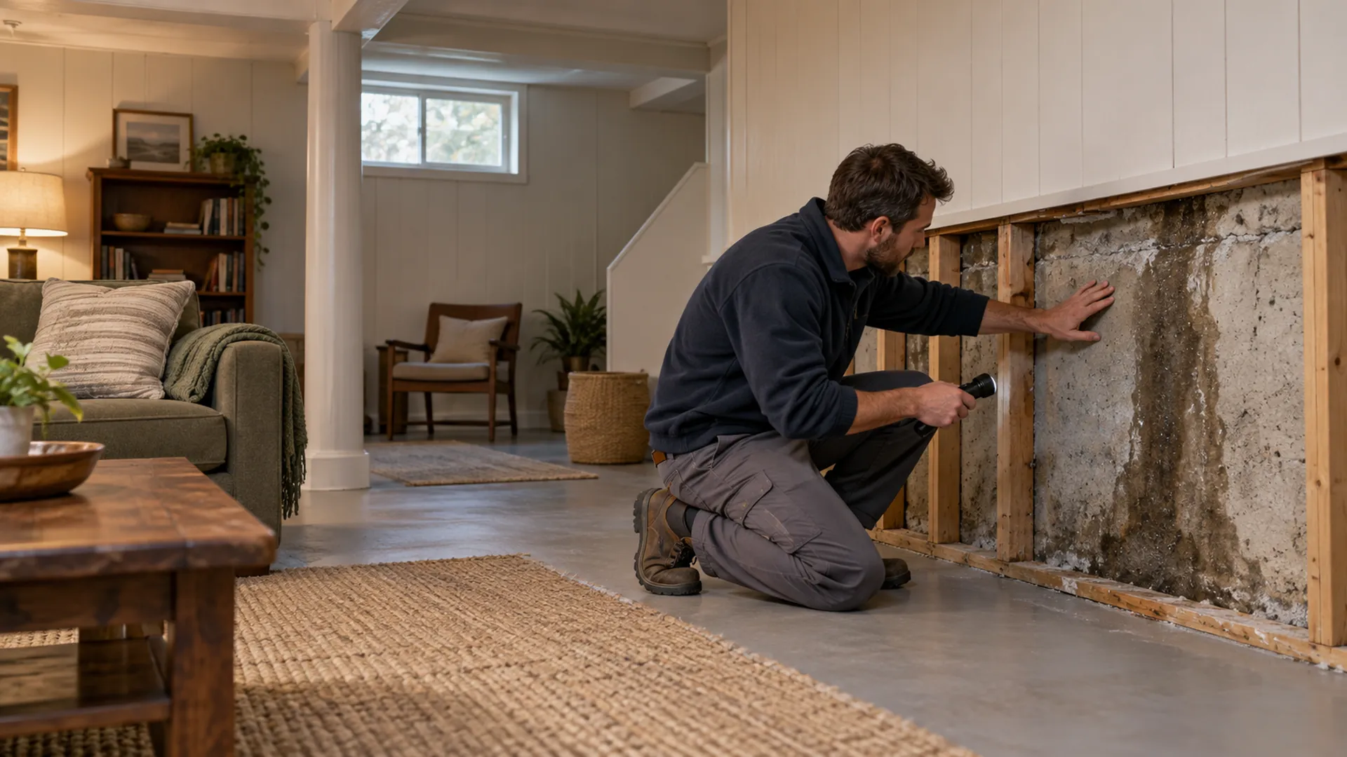 A technician examines a damp concrete wall behind a removed lower panel in a finished basement.