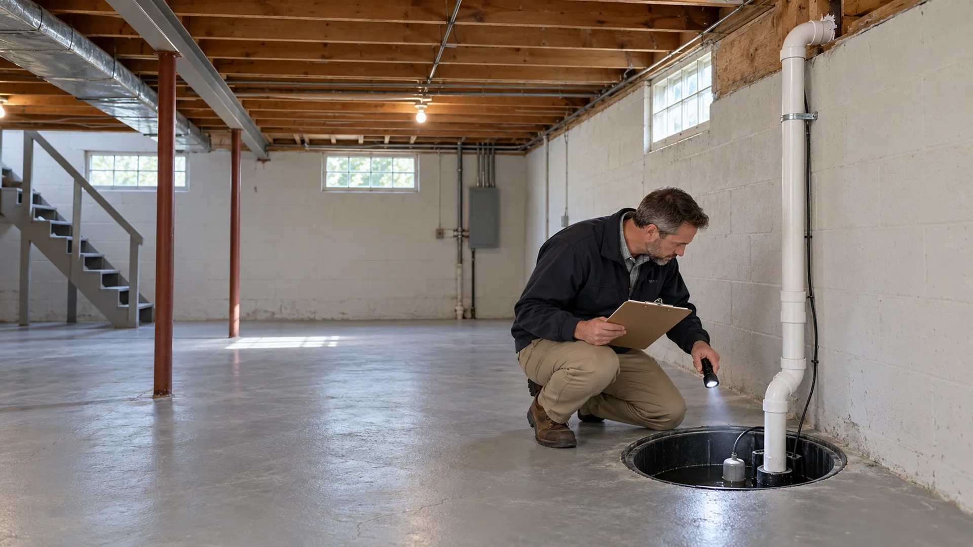 A technician checks a sump basin and white discharge pipe in an unfinished mid-century basement.