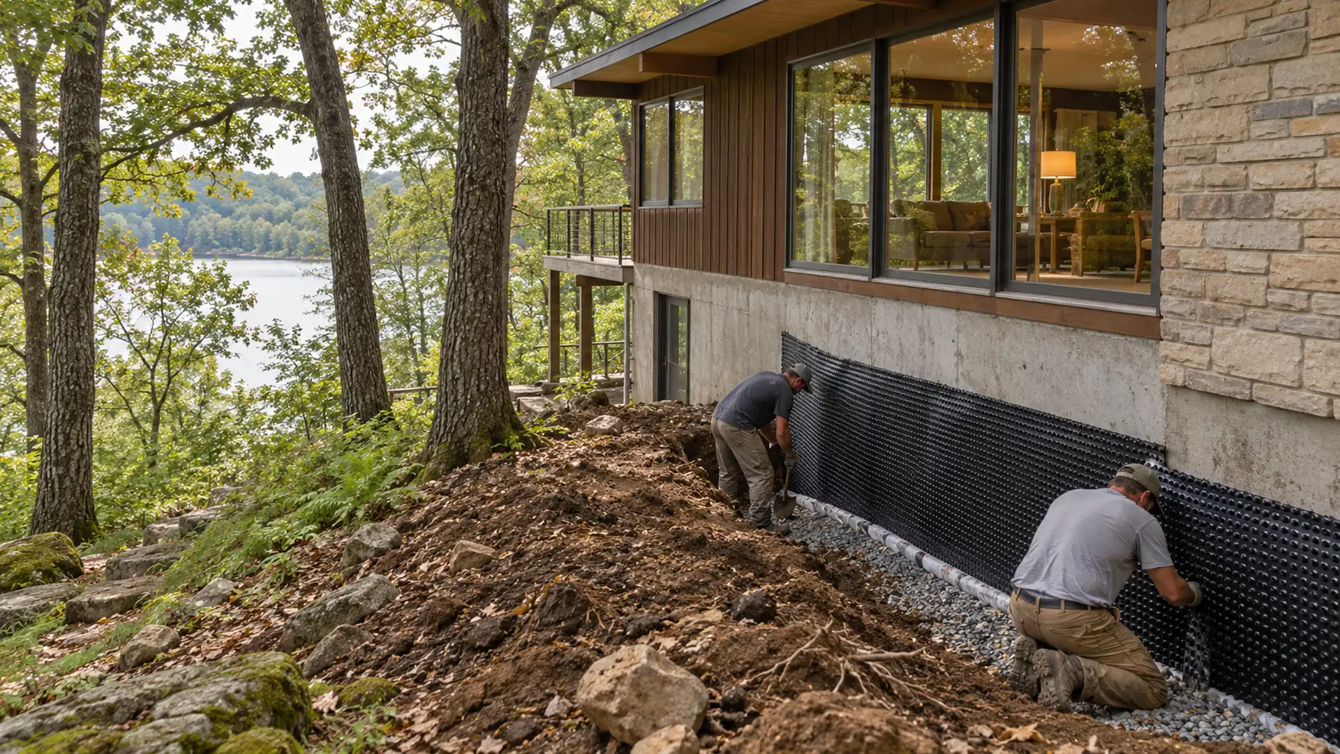 Workers fit drainage membrane along a wooded walkout home’s excavated back foundation.