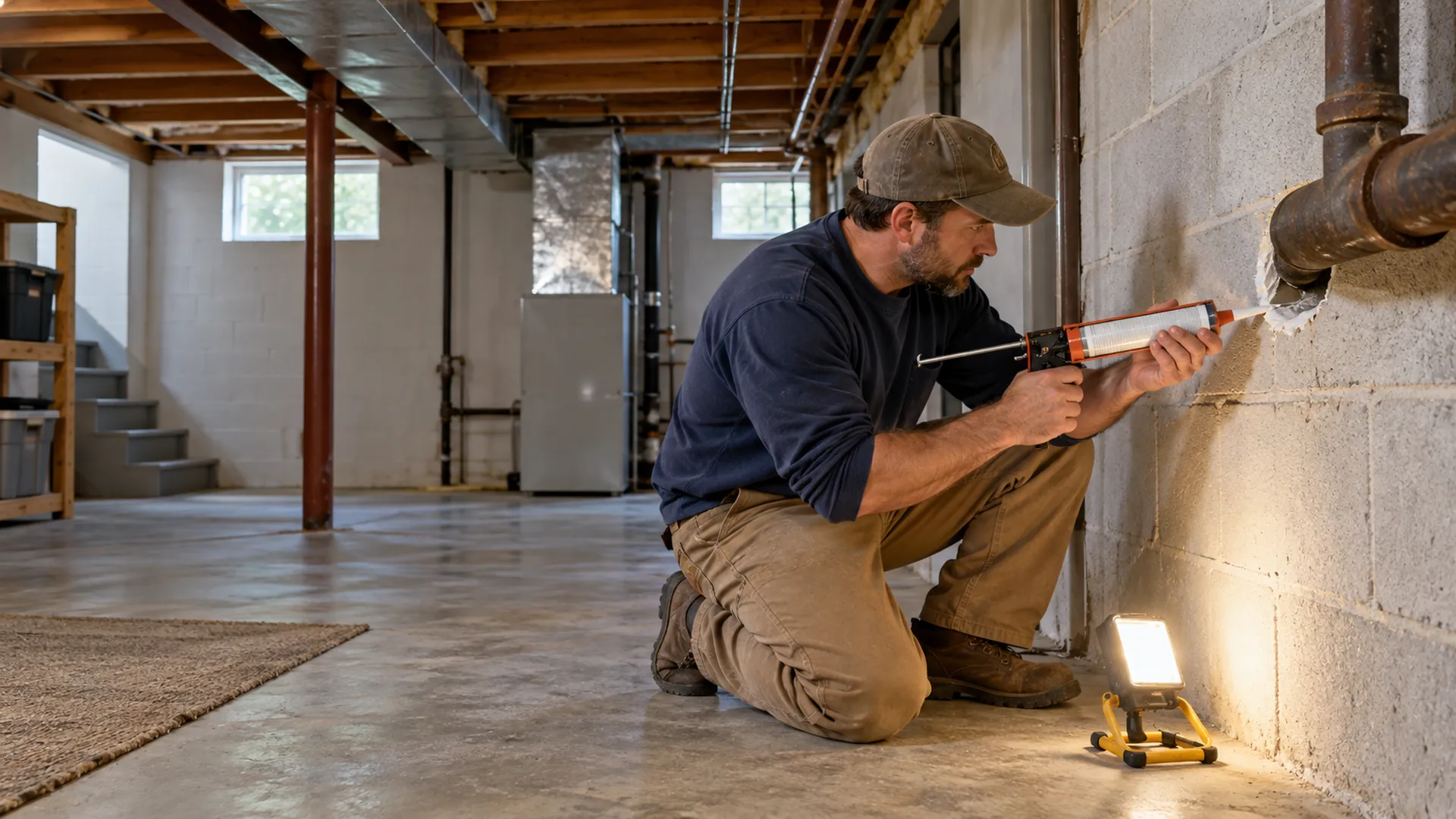 A technician seals around an old pipe penetration through a rambler basement block wall.