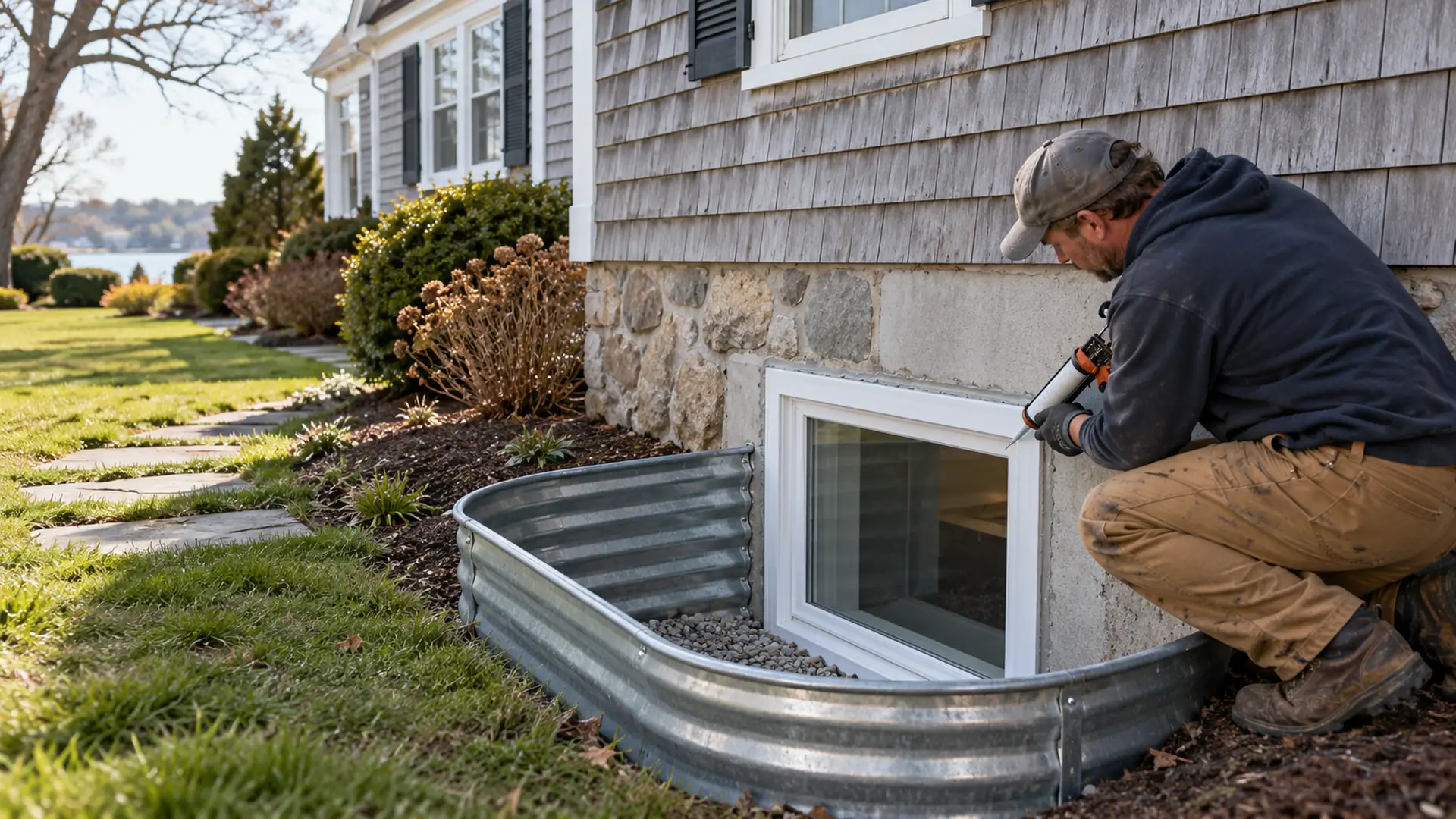 A worker seals the frame beside a new egress window and metal well at a Cape Cod home.